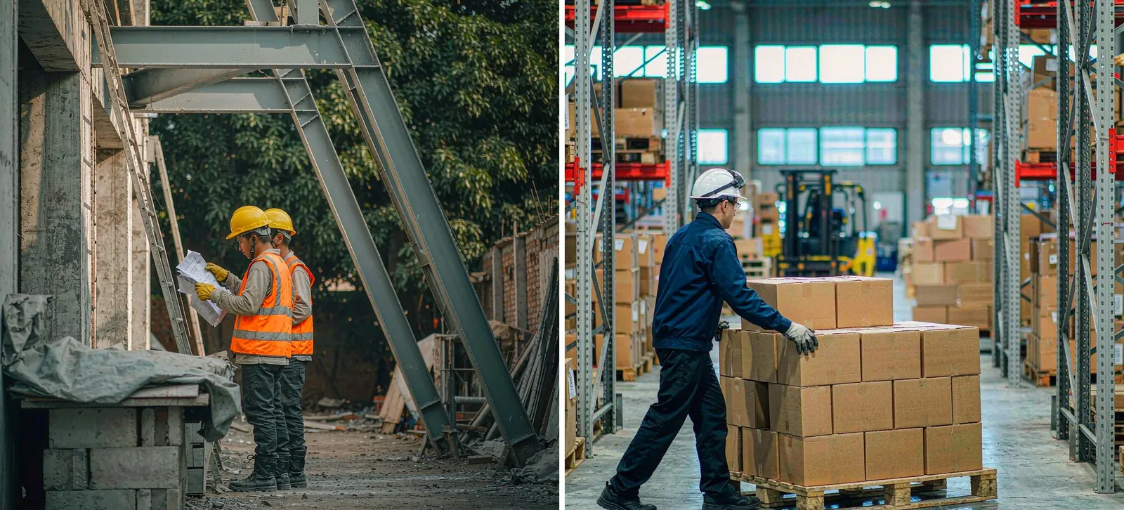 PPE in application: a construction site and a distribution warehouse