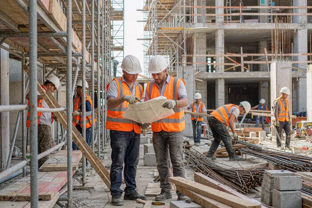 Construction site: workers in hard hats and hi-vis vests reading plans